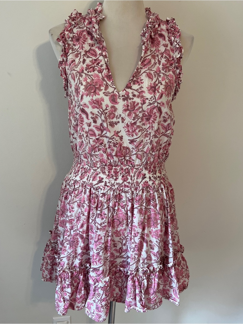 Anna Cate Pink Floral Ruffle Mini Dress Cotton Sleeveless L smocked waist